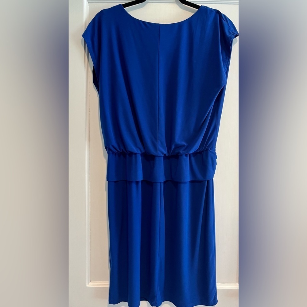 Cobalt Royal Blue Cap Sleeve Tie Waist Stretchy Mini Dress Size 14 Petite - Picture 7 of 7
